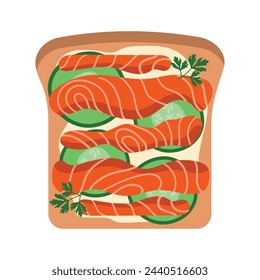 Sandwich with red fish, cucumber slices and cottage cheese or mayonnaise. Vector illustration of food on a transparent background. Salmon pieces and whole grain toast. Healthy snack, open sandwich