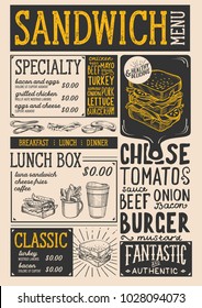 Sandwich Restaurant Menu. Vector Food Flyer For Bar And Cafe. Design Template With Vintage Hand-drawn Illustrations.