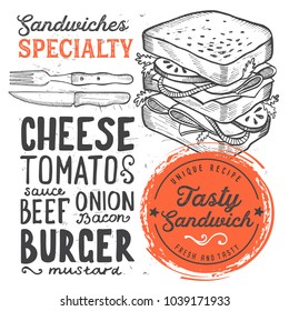 Sandwich restaurant menu. Vector food flyer for bar and cafe. Design template with vintage hand-drawn illustrations.