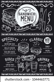 Sandwich restaurant menu. Vector food flyer for bar and cafe. Design template with vintage hand-drawn illustrations.