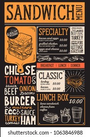 Sandwich restaurant menu. Vector food flyer for bar and cafe. Design template with vintage hand-drawn illustrations.