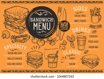 Sandwich restaurant menu. Vector food flyer for bar and cafe. Design template with vintage hand-drawn illustrations.