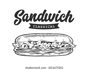 Sandwich Retro Emblem. Logo template with black and white letters and sandwich sketch. EPS10 vector illustration.