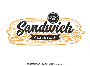 Sandwich Retro Emblem. Plantilla de logotipo con letras negras y bocadillos amarillos. Ilustración vectorial EPS10.