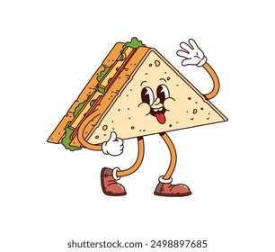 Sandwich retro groovy carácter del desayuno caminando con la mano que agita y la cara sonriente. Personaje de comida alegre y animado de Vector de dibujos animados aislado, rebanada triangular de pan con deliciosos rellenos