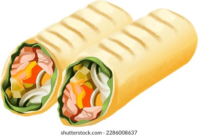 Sandwich roll with salmon and vegetables, salmon wrap, oil paint style, digital paint, on white background. Healthy food, casual food hand drawn digital illustration.