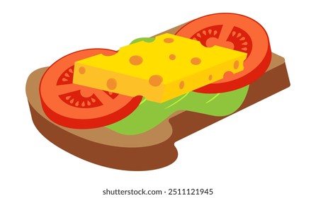 Sandwich with rye bread, lettuce, tomatoes and cheese. Healthy food, proper nutrition, healthcare, diet, lifestyle, fitness, weight loss or gain, vegetables, snack, proteins, fats, carbohydrates