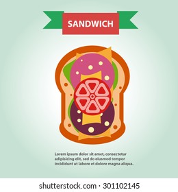 Sandwich with salad, cheese and sausage, breakfast idea, student launch, vector.