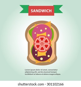 Sandwich with salad, cheese and sausage, breakfast idea, student launch, vector.