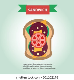 Sandwich with salad, cheese and sausage, breakfast idea, student launch, vector.