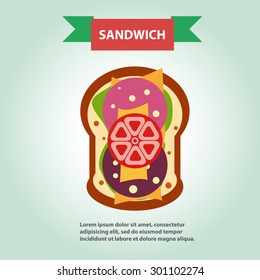 Sandwich with salad, cheese and sausage, breakfast idea, student launch, vector.