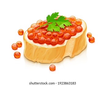 Sandwich with salmon caviar. Delicacy fish food, Isolated on white background. Eps10 vector illustration.