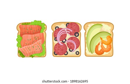 Sandwich with Salmon, Cheese and Vegetables Placed on Slice of Bread Vector Set