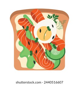 Sandwich with salmon or trout, cream cheese, egg and lettuce. Vector illustration of an open sandwich with red fish, cucumber slices and mayonnaise. Healthy snack, open sandwich with pieces of fish