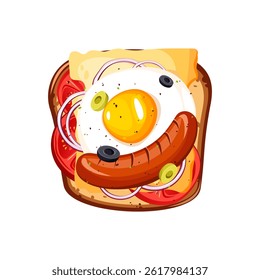 Sandwich with sausage, cheese, egg, tomato. Top view. Vector illustration on a white background.