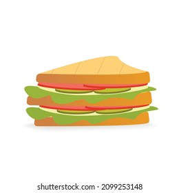 sandwich with sausage and cheese with lettuce leaves. Vector illustration of breakfast or lunch isolated on a white background