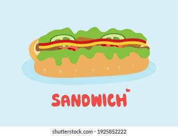 Sandwich with sausage cheese tomato cucumber and vegetables on blue background, sandwich icon, Vector illustration.