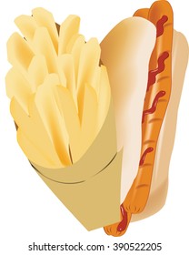 sandwich with sausage and chips - hot dog and french fries