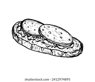 Sandwich with sausage and lettuce leaves isolated on white background. Sketch illustration of food, snack, bread with sausage.