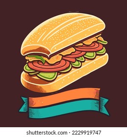 sandwich with sausage long square bacon sandwich cartoon vector icon illustration