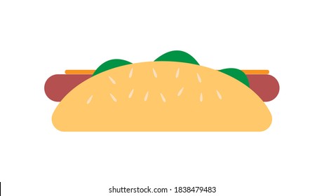sandwich with sausage on white background, hot dog, vector illustration. sandwich, hearty snack, fast food food. bun with herbs, mustard, cheese and meat, sesame seeds on top.