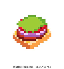 Sandwich with sausage pixel art. 8 bit Bread and onion and salad.