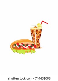 Sandwich with sausage and soda white background