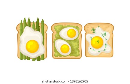 Sandwich with Scrambled and Boiled Egg with Greenery Placed on Slice of Bread Vector Set