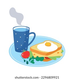Sandwich with Scrambled Egg and Cheese and Mug with Hot Water as Tasty Breakfast or Brunch with Typical Food Vector Illustration