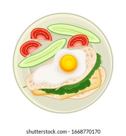 Sandwich with Scrambled Egg and Greenery Served on Plate with Vegetables Vector Illustration