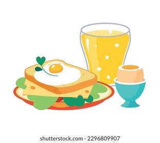 Sandwich with Scrambled Egg on Plate and Juice in Glass as Tasty Breakfast or Brunch with Typical Food Vector Illustration