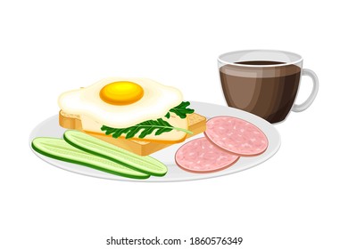 Sandwich with Scrambled Egg and Sliced Wurst Served on Plate Vector Illustration