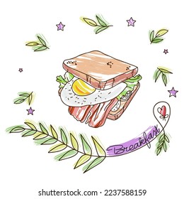 Sandwich with scrambled eggs, bacon and lettuce, delicious vector illustration for decoration, doodle style