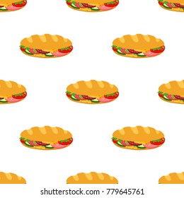 Sandwich seamless pattern, breakfast fast food, bread with ham, cheese, vegetables. Made in cartoon flat style. Vector illustration
