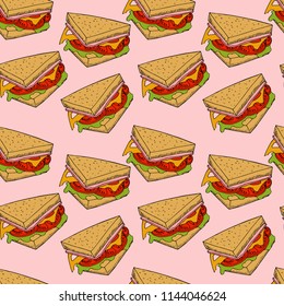 Sandwich seamless pattern. hand drawn illustration. Bright cartoon illustration for menu design, fabric and wallpaper.