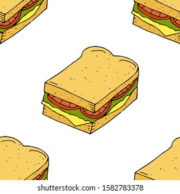 Sandwich.  Seamless pattern. hand drawn vector illustration.   doodles or cartoon style.