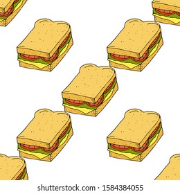 Sandwich.  Seamless pattern. hand drawn vector illustration.   doodles or cartoon style.