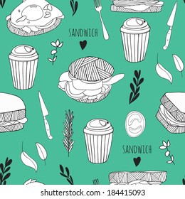 Sandwich seamless pattern. Hand drawn background for kitchen and cafe stuff 
