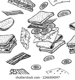 Patrón sin fisuras. Dibujo de un sándwich. Ilustración dibujada a mano convertida en vector. Ingredientes voladores. Dibujo de comida rápida y callejera. Jamón, queso, tomate, cebolla y lechuga.