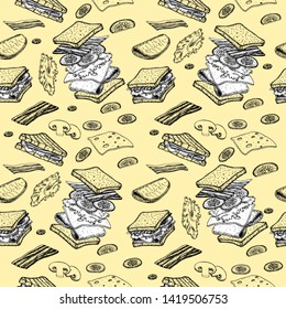 Sandwich seamless pattern. Sketch of sandwich. Hand drawn illustration converted to vector. Flying ingredients. Fast and street food drawing. Ham, cheese, tomato, onion and lettuce.