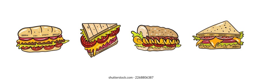 Sandwich set cartoon style vector art illustration isolated on white background