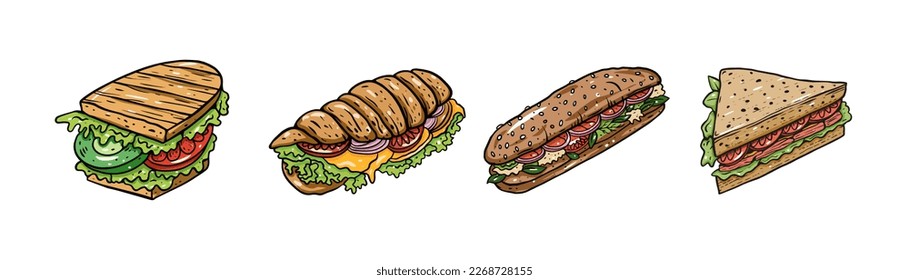 Sandwich set colorful vector art illustration isolated on white background.