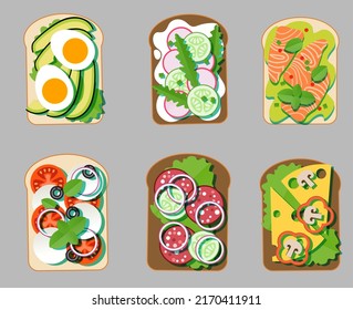 Sandwich set. Healthy fast food flat vector. Toasted bread with different ingredient illustration. Fastfood snack menu for restaurant, bistro or cafe. Traditional meal for lunch