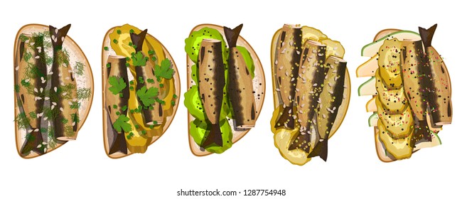 Sandwich set with sprats with dill, spices, cucumber, avocado, parsley, sesame, green onions collection of toasts with fish snack lunch snacks with sea food collection vector illustration