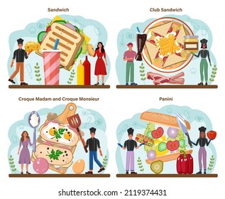 Sandwich set. Variety of delicious sandwiches for breakfast. Toast with ham, turkey or bacon, cheese, salad and tomatoes. Delicious lunch snack. Flat vector illustration