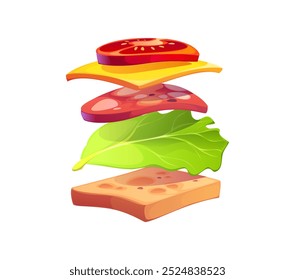 Sandwich mostrando las capas de queso, lechuga, tomate y salami. Los ingredientes de Vector de dibujos animados muestran frescura y deliciosidad para el arte culinario y alimentario que representa el proceso de cocina en la gastronomía