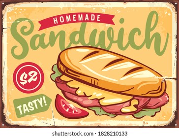 Sandwich sign. Retro poster template with tasty snack. Fast food menu vector design. svg