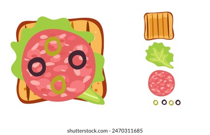 Sandwich simple illustration vector clip art , toast bread with lettuce leaf , baloney meat , and olive .Overhead view of isolated Meat delicatessen product on toast. Vector flat on white. For menu,  