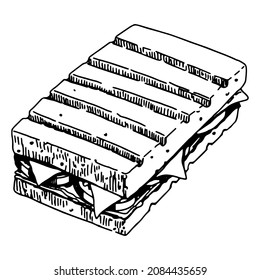 Esbozo de sándwich. Ilustración vectorial dibujada a mano en estilo retro. Un único garabato de comida rápida. Esquema de recorte aislado en fondo blanco.