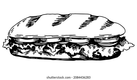 Sandwich sketch. Hand drawn vector illustration in retro style. Single fast food doodle. Outline clipart isolated on white background.